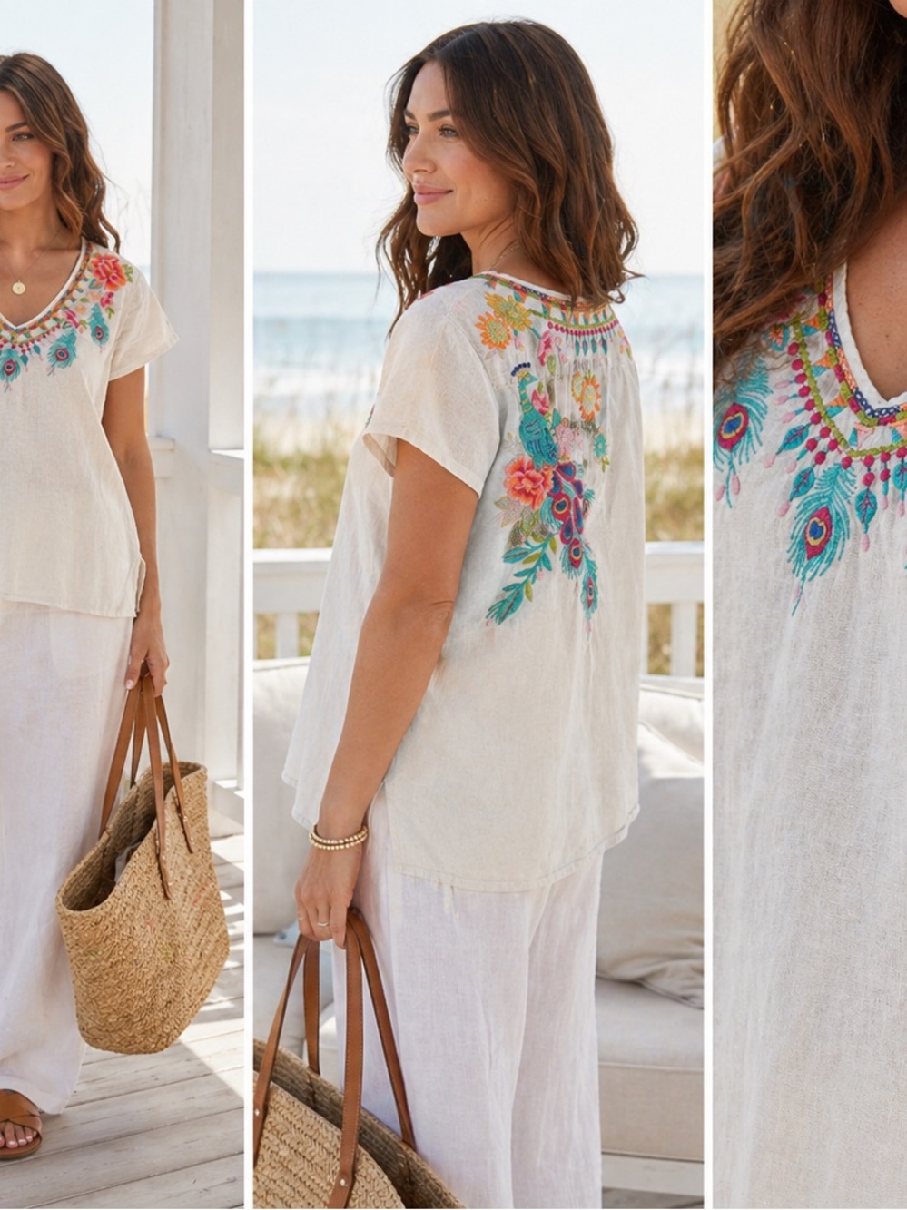 Johnny Was Linen Embroidered Blouse Peacock Floral Boho Light Gray Short Sleeve